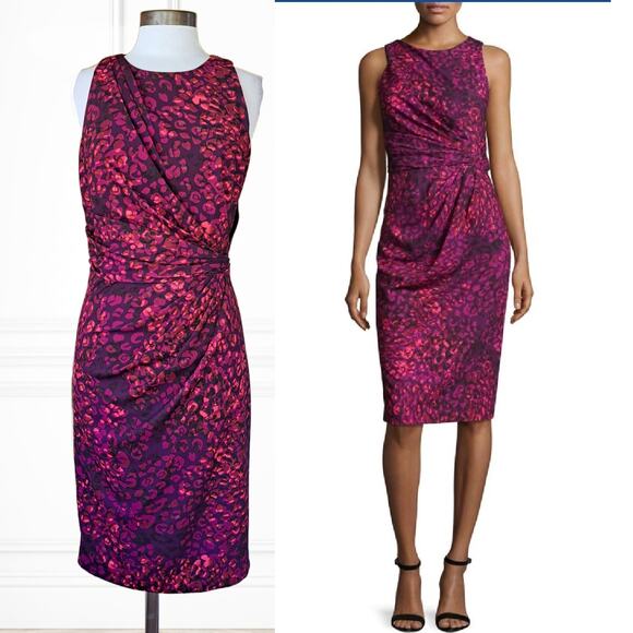 BADGLEY MISCHKA Sleeveless Pleat Waist Sheath Dress Size 12 Purple Pink Leopard - Picture 1 of 12